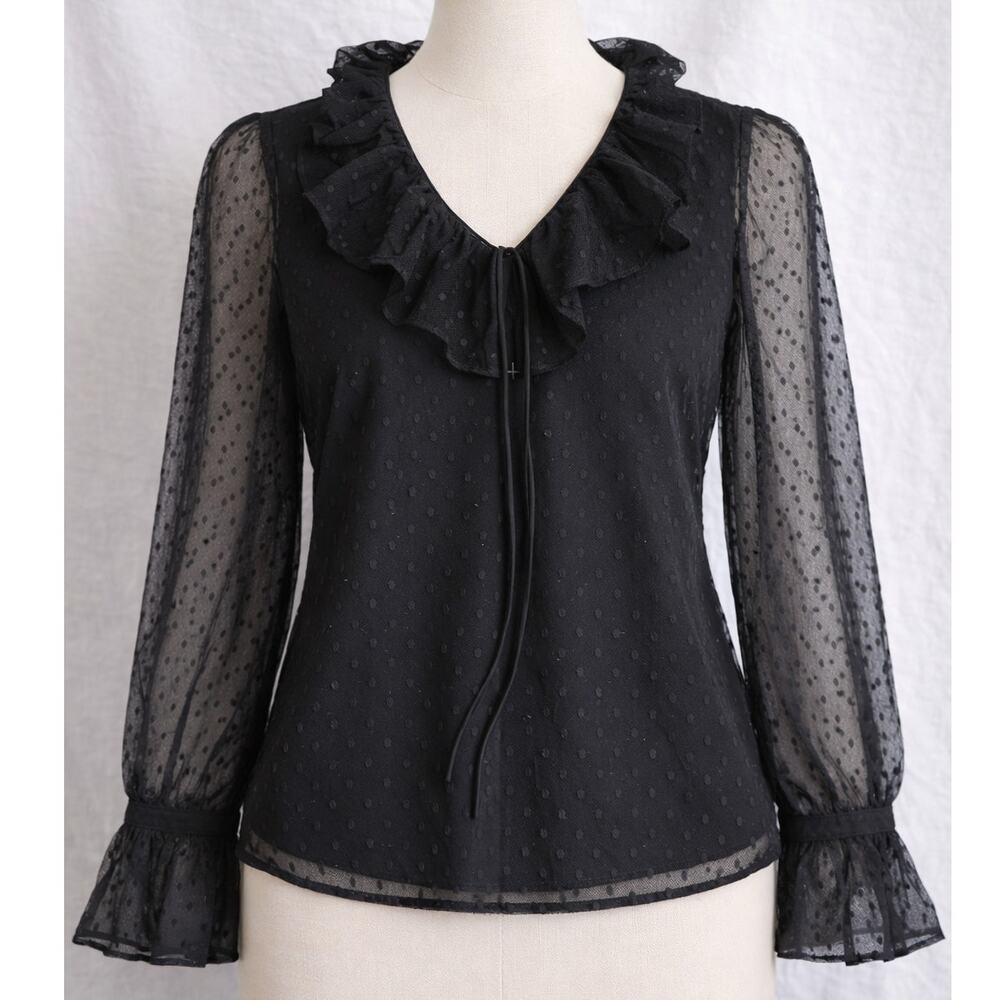 J.Crew XS Black Swiss Dot Sheer Ruffle Blouse Long Sleeve NWT
